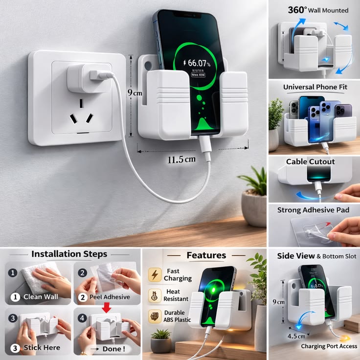 Wall Mounted Mobile Holder With Adhesive Strips (Pack of 8)